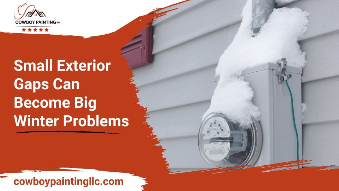 Snow-covered gap around a utility meter on home siding