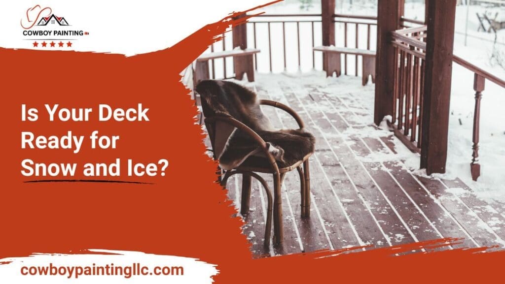Wooden deck covered in snow and ice buildup