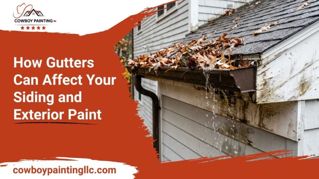Gutter clogged with leaves overflowing onto siding