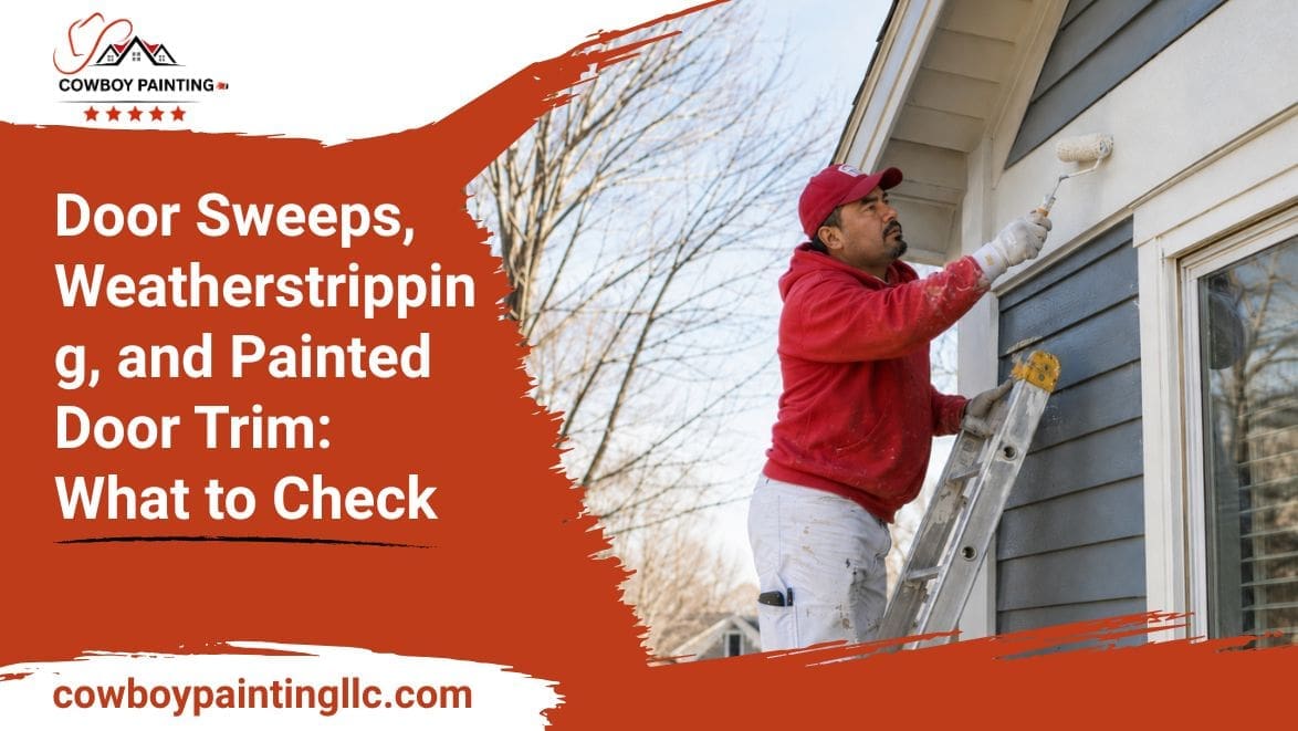 Painter inspecting painted exterior door trim on a ladder
