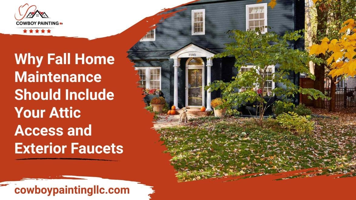 Home exterior in autumn with attic access and exterior faucets