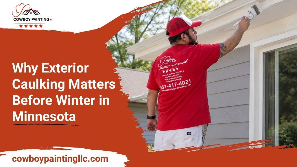 Painter applying exterior caulk to siding trim before winter in Minnesota